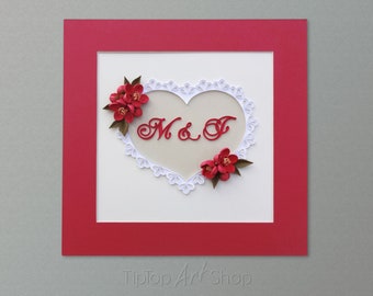 Personalized Valentine's Day Gift - Quilled Heart Frame with a Monogram; Anniversary Gift