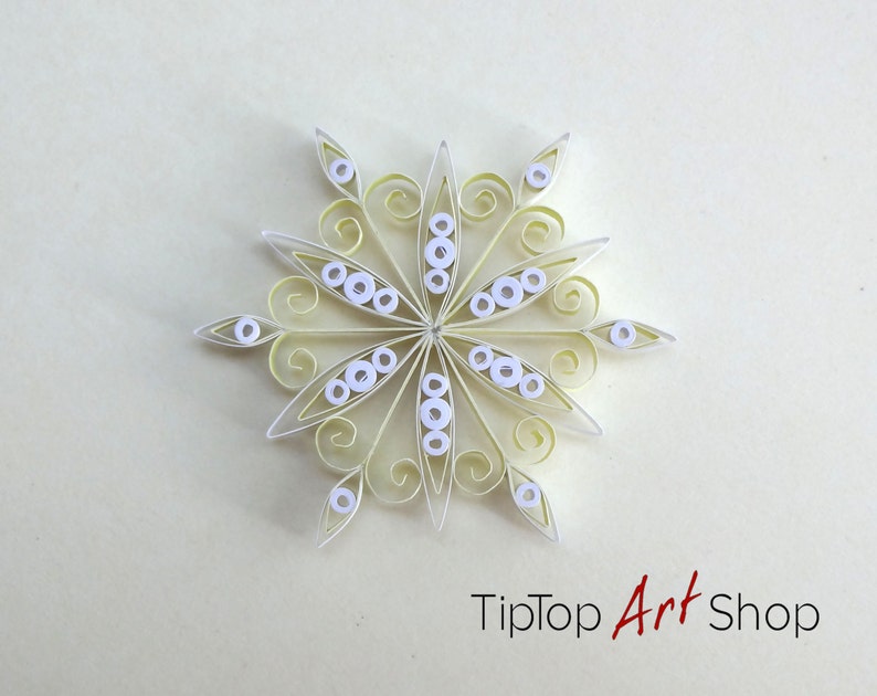 Paper Quilling Snowflake Ornament Homemade Christmas Decoration in Pale Yellow and White image 4