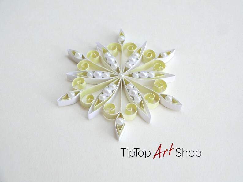 Paper Quilling Snowflake Ornament Homemade Christmas Decoration in Pale Yellow and White image 1