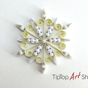 Paper Quilling Snowflake Ornament Homemade Christmas Decoration in Pale Yellow and White image 3