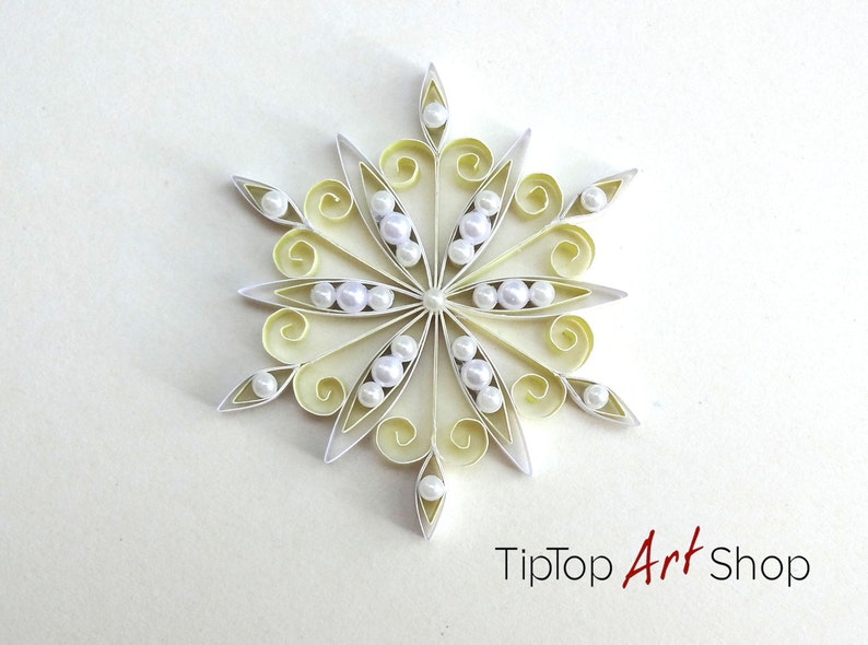 Paper Quilling Snowflake Ornament Homemade Christmas Decoration in Pale Yellow and White image 3