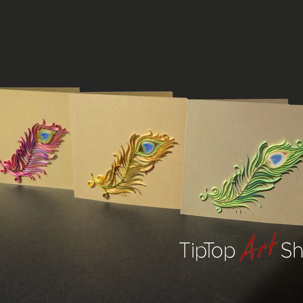 Set of 3 Quilled Peacock Greeting Cards - Paper Quilling Handmade Peacock Feather; Blank Card Set; Personalized; OOAK