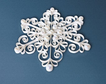 White Quilled Christmas Snowflake Ornament with Pearls; Budget Christmas Gift