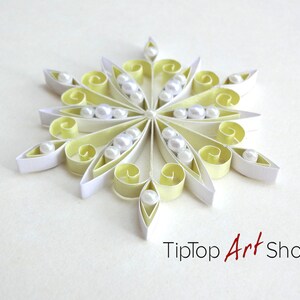 Paper Quilling Snowflake Ornament Homemade Christmas Decoration in Pale Yellow and White image 2