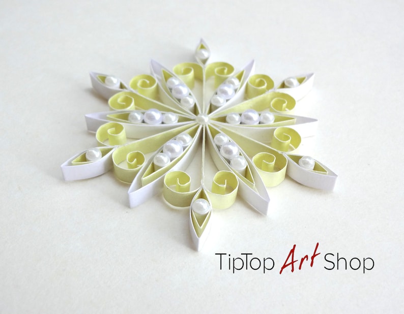 Paper Quilling Snowflake Ornament Homemade Christmas Decoration in Pale Yellow and White image 2