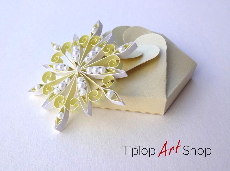 Paper Quilling Snowflake Ornament Homemade Christmas Decoration in Pale Yellow and White image 5