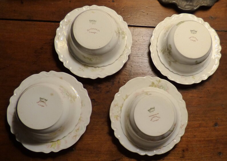 Set of Four Antique Haviland Limoges Floral Custard Fruit Dessert Cups and Saucers