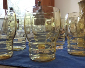 Depression Glass Tumblers, Yellow or Amber, Ribbed, 8 Ounce, Set of Eight, Mid Century Vintage Federal Glass, Farm Cottage Cabin Kitchen