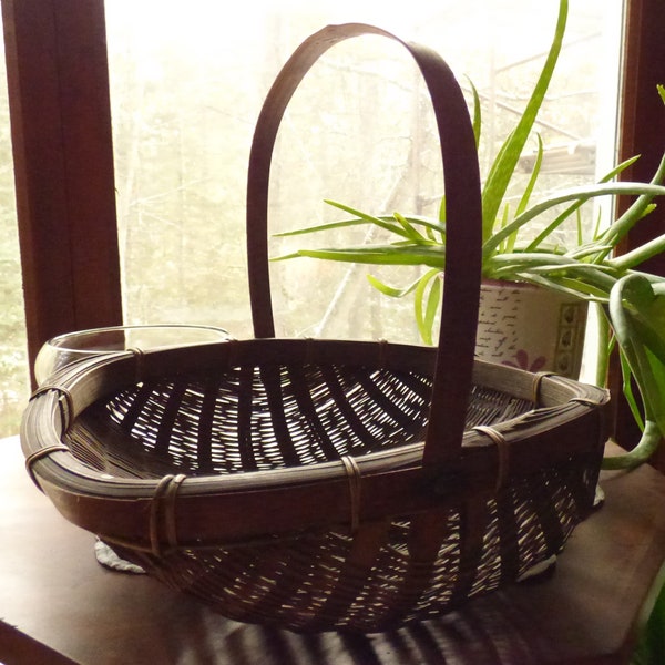 Antique Basket, Primitive, Rustic, Handle, Asian, Bamboo, Rocking, Forage Eggs Garden Flowers Vegetables, Farm, Cottage, Picnic, Collectible