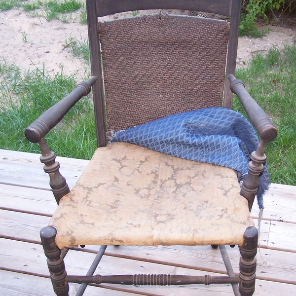 Seaside Cape Cod Cottage Chair, Primitive Antique Collectible Scottish Wood Furniture, Wicker Back, Cloth Seat, PICK UP ONLY Fife Lake Mi