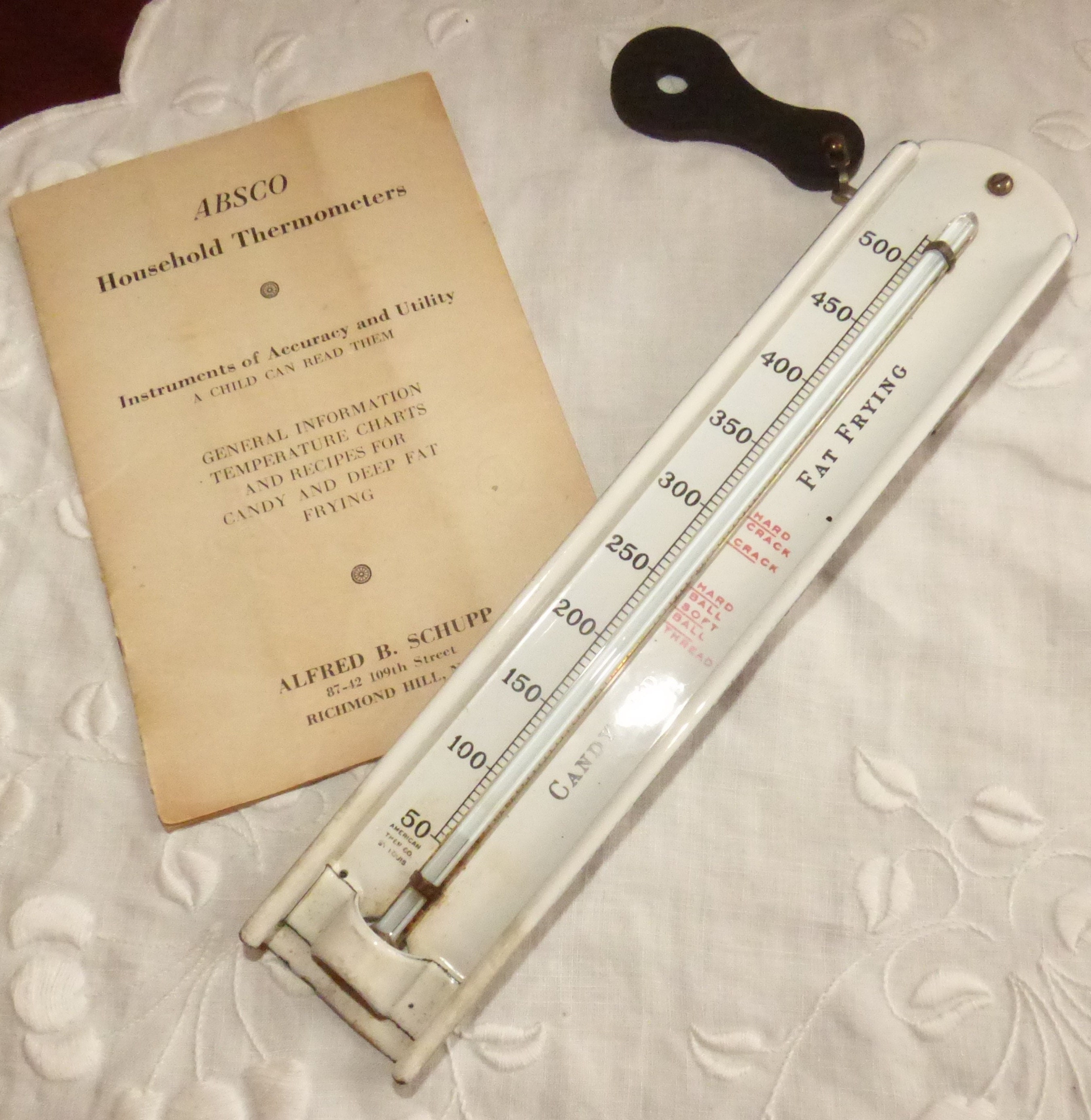 Candy / Fat Frying Kitchen Thermometer, White Enamel Enamelware, Clip