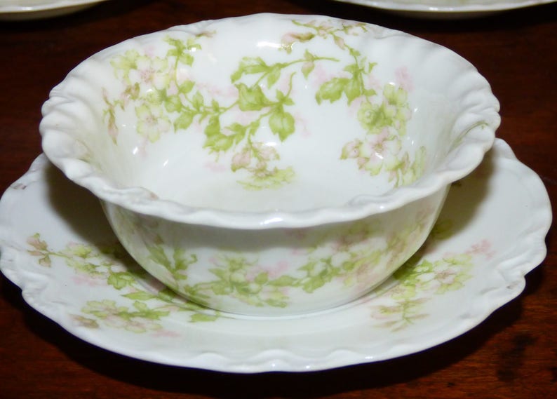 Set of Four Antique Haviland Limoges Floral Custard Fruit Dessert Cups and Saucers
