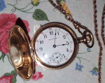 American Waltham Pocket Watch, Chain with Slide, Yellow Gold Filled Hunter Case, Antique Collectible, Beautiful Lady's Ladies Women Woman's