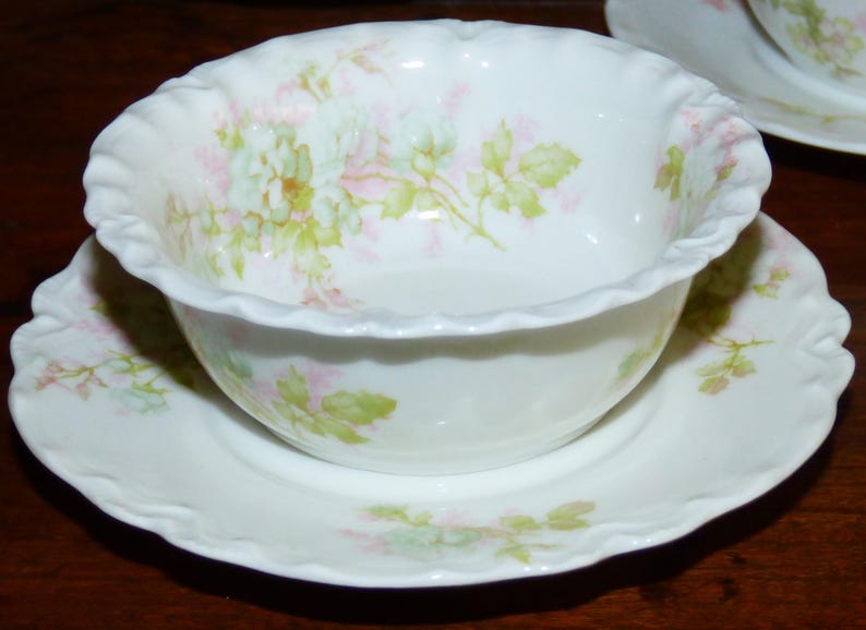 Set of Four Antique Haviland Limoges Floral Custard Fruit Dessert Cups and Saucers