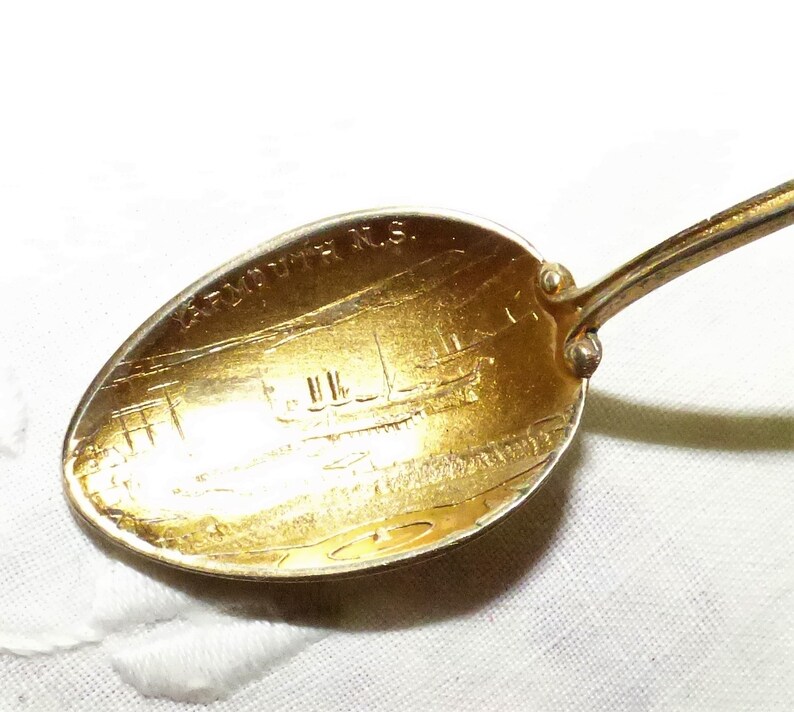 Antique Yarmouth Nova Scotia Sterling Silver Souvenir Demitasse Spoon with Gold Wash and Enamel 1900