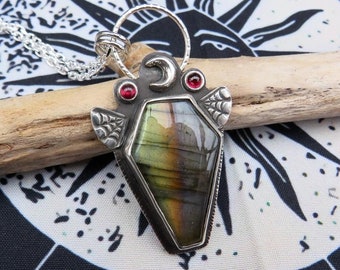 Labradorite Coffin Necklace Witchy, Spooky Casket Labradorite Pendant Handmade Silver, Gothic Garnet Labradorite Spiderweb Pendant Bohemian,