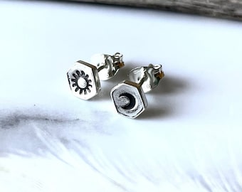 Silver Sun & Moon Studs Handmade, Small Sterling Silver Sun And Moon earrings, Stamped oxidised sunshine moon stud earrings, Witchy gift