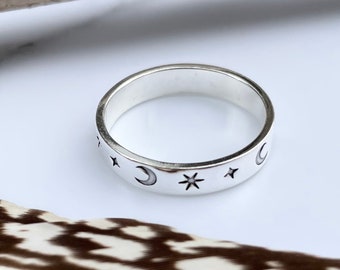 Bague étoile et lune en argent faite à la main, bague en argent sterling étoiles lunes, bande de mariage céleste