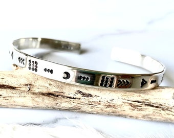 Handmade Sterling Silver Aztec Cuff Bracelet, Moon & Arrow Stamped Jewelry