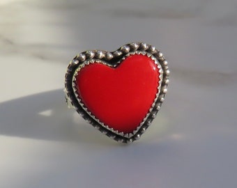 Silver Rosarita Heart Ring, Sterling Silver Heart Ring ,Handmade Silver Red Heart Ring, Love Ring