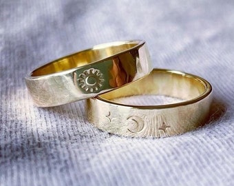 Wedding Rings 9ct Gold Sun And Moon , Celestial Wedding Bands, Gold Ring Set