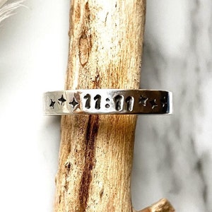 Stacking ring silver 11:11 star design,angel number Sterling silver ring, Celestial silver eleven eleven band, Silver 1111 ring starry