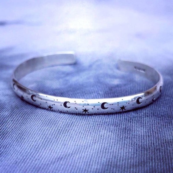 Star and Moon silver stamped cuff bracelet. Heavy celestial sterling bangle. Chunky cosmic crescent moon bracelet.Wicca stamped 925 bracelet