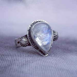Celestial Moonstone Silver Ring Star Moon. Stamped Sterling Silver Moonstone Ring. Handmade Silver Moonstone Ring, Witchy Ring, Gift For Her