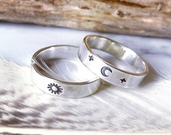 Celestial Wedding Rings Sun And Moon. Cosmic Moon Sun & Star Silver Wedding Bands Stamped. Sterling Silver Bestie Rings