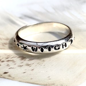 Handmade Silver Chunky Witch Ring. WITCH Sterling Silver Stacking Ring. Rounded Witch Ring.