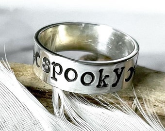 Spooky Silver Ring With Moon and Spiderweb Stamps, Sterling Silver