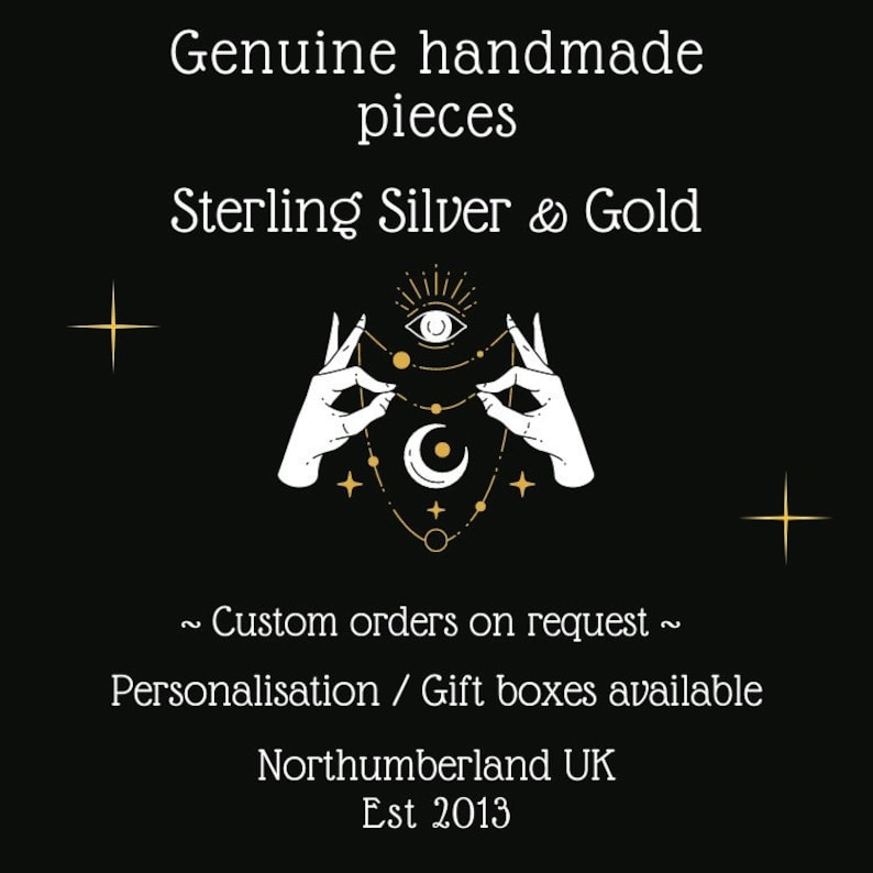Eleven Feathers Jewellery. Genuine handmade pieces. Sterling Silver & Gold. Custom orders on request. Personalisation & gift boxes available. Northumberland UK. Est 2013. Black background, illustrated hands holding jewellery, moons and stars.