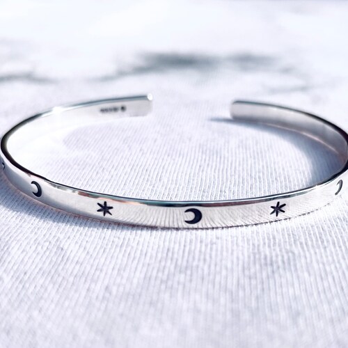Star and Moon Silver Stamped Cuff Bracelet. Heavy Celestial Etsy