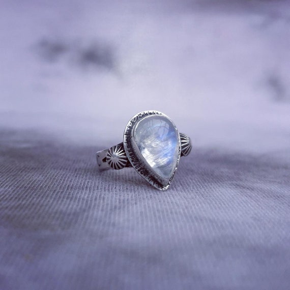 Celestial Moonstone Silver Ring Star Moon. Stamped Sterling Silver