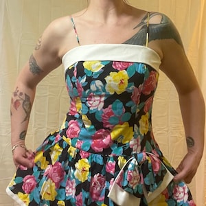1980’s vintage black floral Cyndi Lauper party dress/1980’s black floral crinoline party dress/1980’s black spaghetti strap formal dress