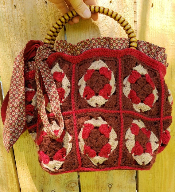 1970's Vintage Granny Square boho handbag/70's red