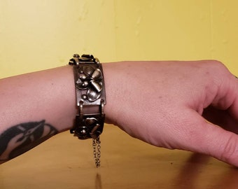 40&#39;s  handmade sterling silver bracelet/40&#39;s Lotus Link heavy sterling bracelet/40&#39;s  lotus flower bracelet