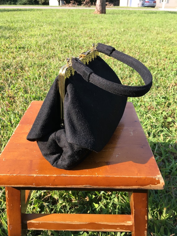 1950's vintage Black Gold wool handbag/50's black