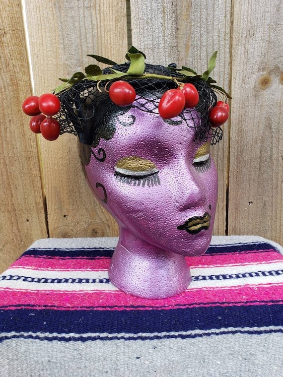 1940's vintage novelty cherries mesh hat/40's Rock