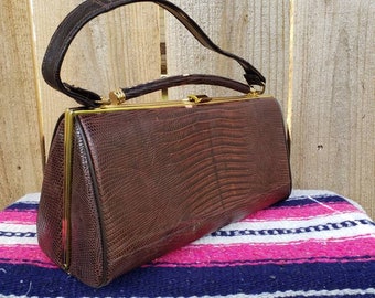 1940&#39;s vintage genuine lizard skin brown box purse/40&#39;s brown lizard hats box purse/40&#39;s elegant lizard hard frame handbag purse