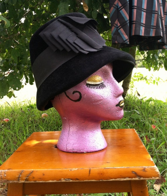 40's vintage hat/40's black wool felt hat /40's u
