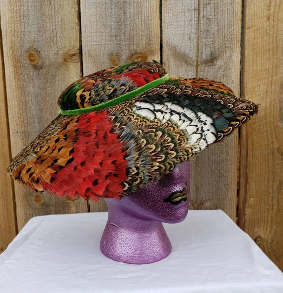 Vintage Feathered Hat 1940s Feather Fascinator Hat | Brown Quail Feather Saucer  main image 4