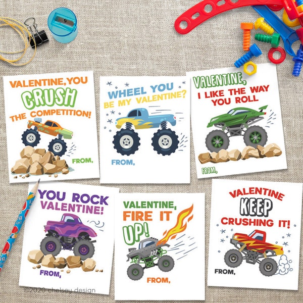 Monster Truck Valentines - Printable Valentines - Truck - Truck Cards - Instant Download - Kids Valentines