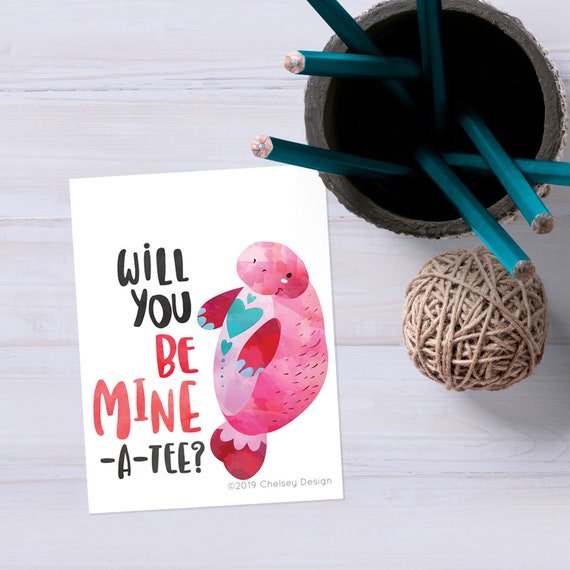 Manatee Valentine Card Printable Kids Valentine Card | Etsy