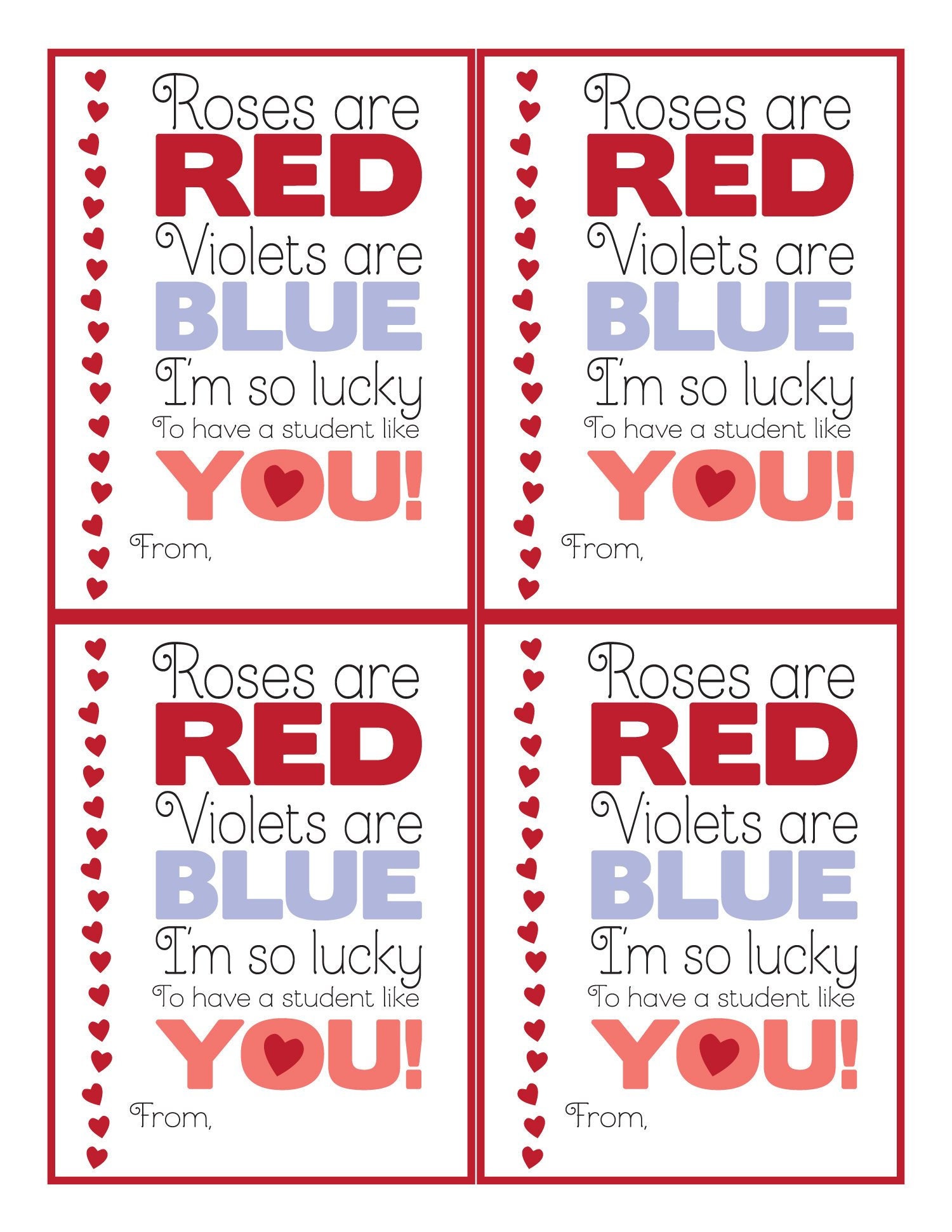 Valentines Card For Student From Teacher digital Printable Letter Size Paper instant Download Etsy