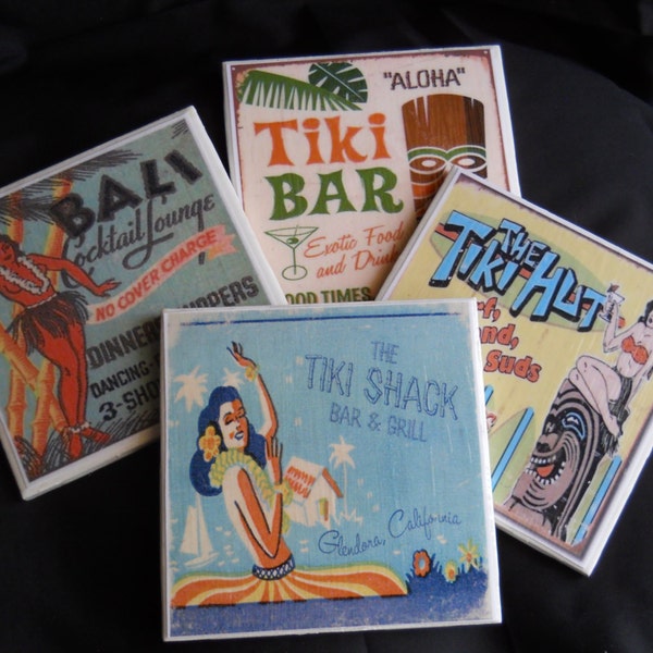 Tiki Bar Coasters ~ Tiki Hut Coasters ~ Ceramic Tile Coasters ~ Beach Decor ~ Housewarming Gift ~ Drink Coasters ~ Retro Bar Decor