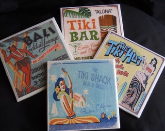 Tiki Bar Coasters ~ Tiki Hut Coasters ~ Ceramic Tile Coasters ~ Beach Decor ~ Housewarming Gift ~ Drink Coasters ~ Retro Bar Decor