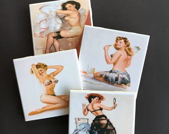 Pin Up Girl Coasters ~ Ceramic Tile Coasters ~ Drink Coasters ~ Coaster Set ~ Vintage Pin Up Girls ~ Home Decor ~ Bar Coasters ~ Shower Gift