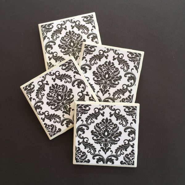 Black Damask Coasters ~ Ceramic Tile Coasters ~ Black and white Decor ~ Drink Coasters ~ Housewarming Gift ~ Shower Gift ~ Vintage Decor