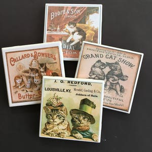 Cat Coasters ~ Vintage Cats ~ Ceramic Tile Coasters ~ Cat Lover Gift ~ Drink Coasters ~ Coaster Set ~ Kitten Coasters ~ Vintage Decor